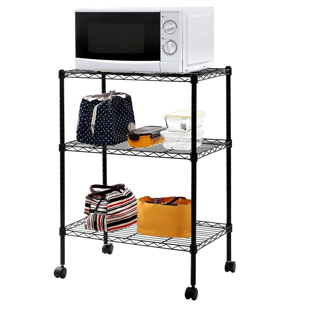 AEELLEEA 3-Tier Black Rolling Wire Storage Cart, Adjustable Metal Shelving Unit with Lockable Wheels for Kitchen Microwave Organizer