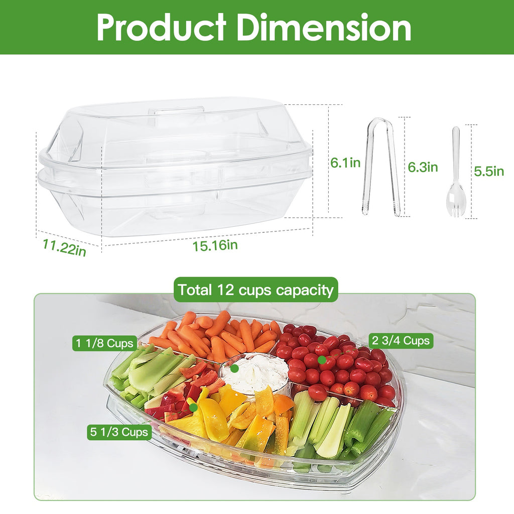 Chilled Fruit Ice Serving Tray Set, Divided Appetizer Platter with Lid, PS Plastic Cold Food Server with Tongs & Sporks for Party Buffet