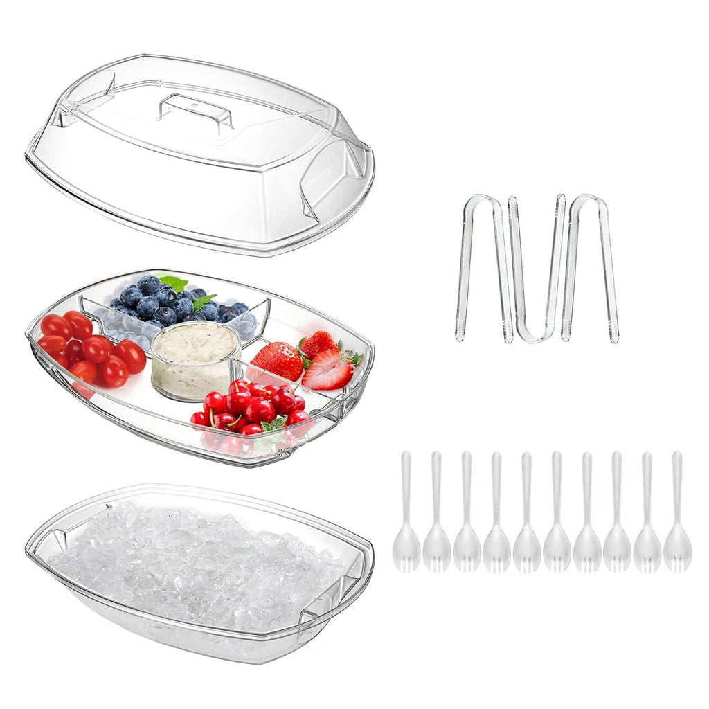 Chilled Fruit Ice Serving Tray Set, Divided Appetizer Platter with Lid, PS Plastic Cold Food Server with Tongs & Sporks for Party Buffet