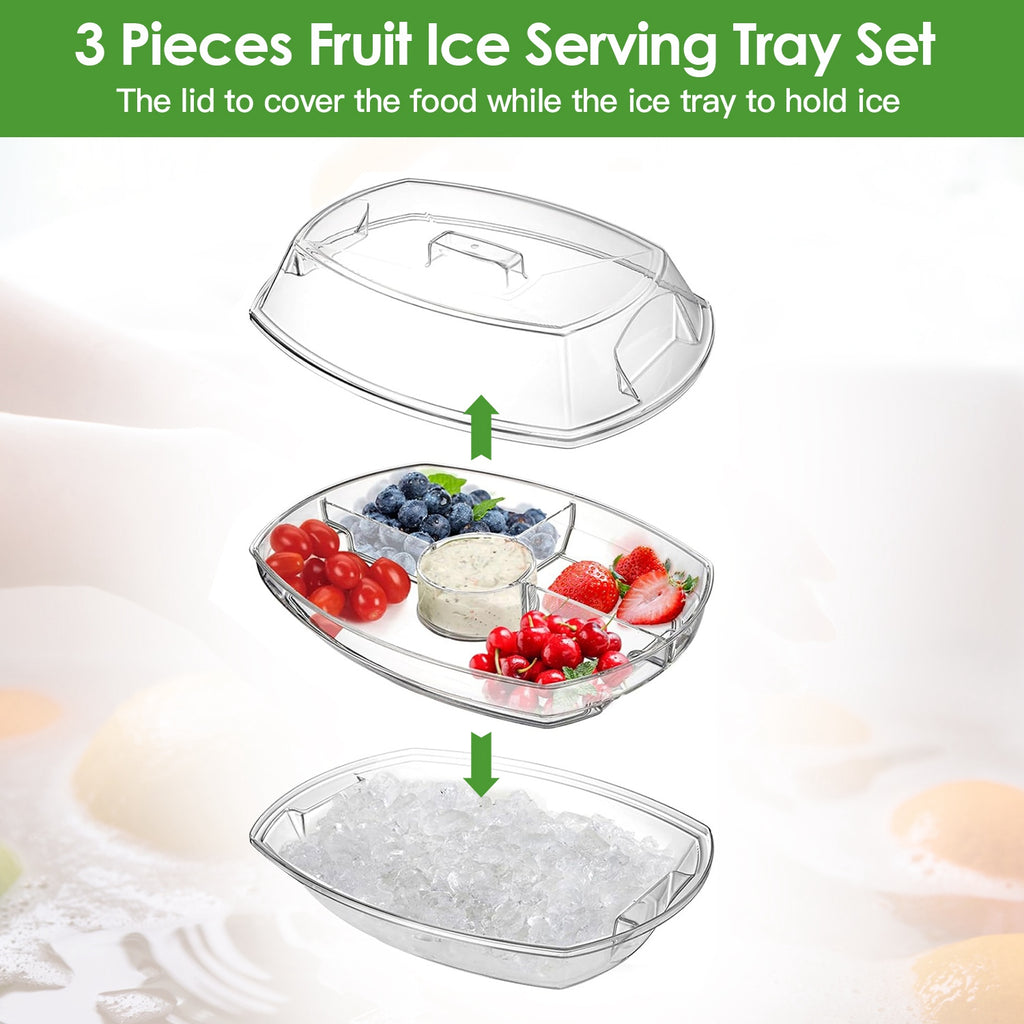 Chilled Fruit Ice Serving Tray Set, Divided Appetizer Platter with Lid, PS Plastic Cold Food Server with Tongs & Sporks for Party Buffet