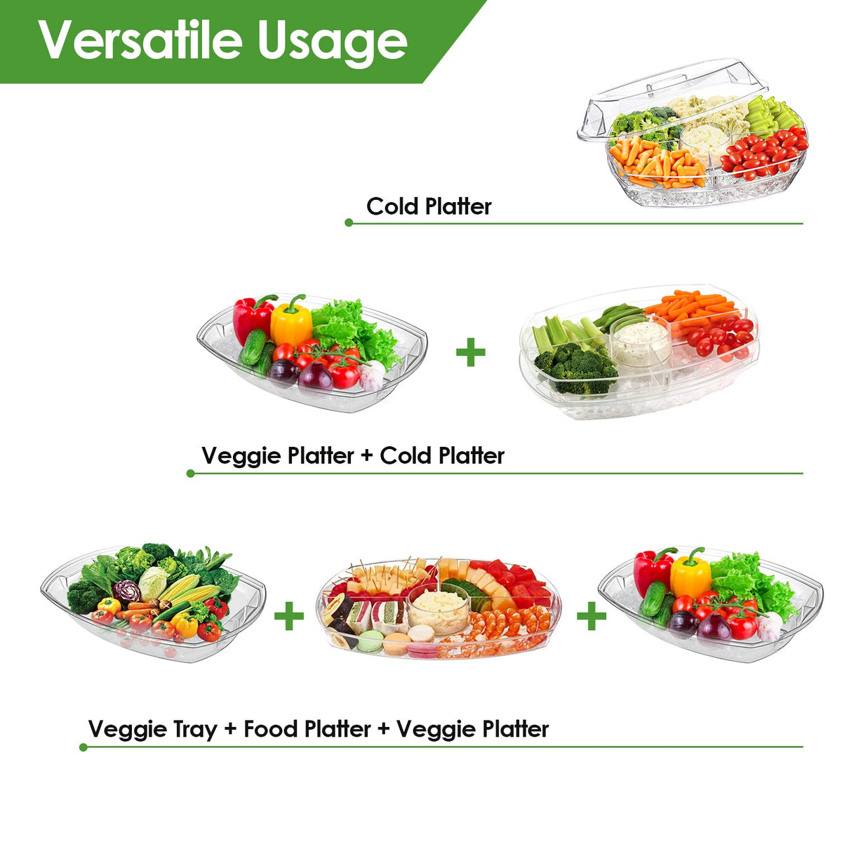 Chilled Fruit Ice Serving Tray Set, Divided Appetizer Platter with Lid, PS Plastic Cold Food Server with Tongs & Sporks for Party Buffet