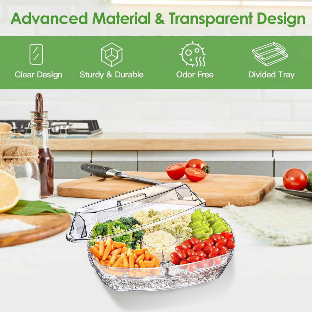 Chilled Fruit Ice Serving Tray Set, Divided Appetizer Platter with Lid, PS Plastic Cold Food Server with Tongs & Sporks for Party Buffet