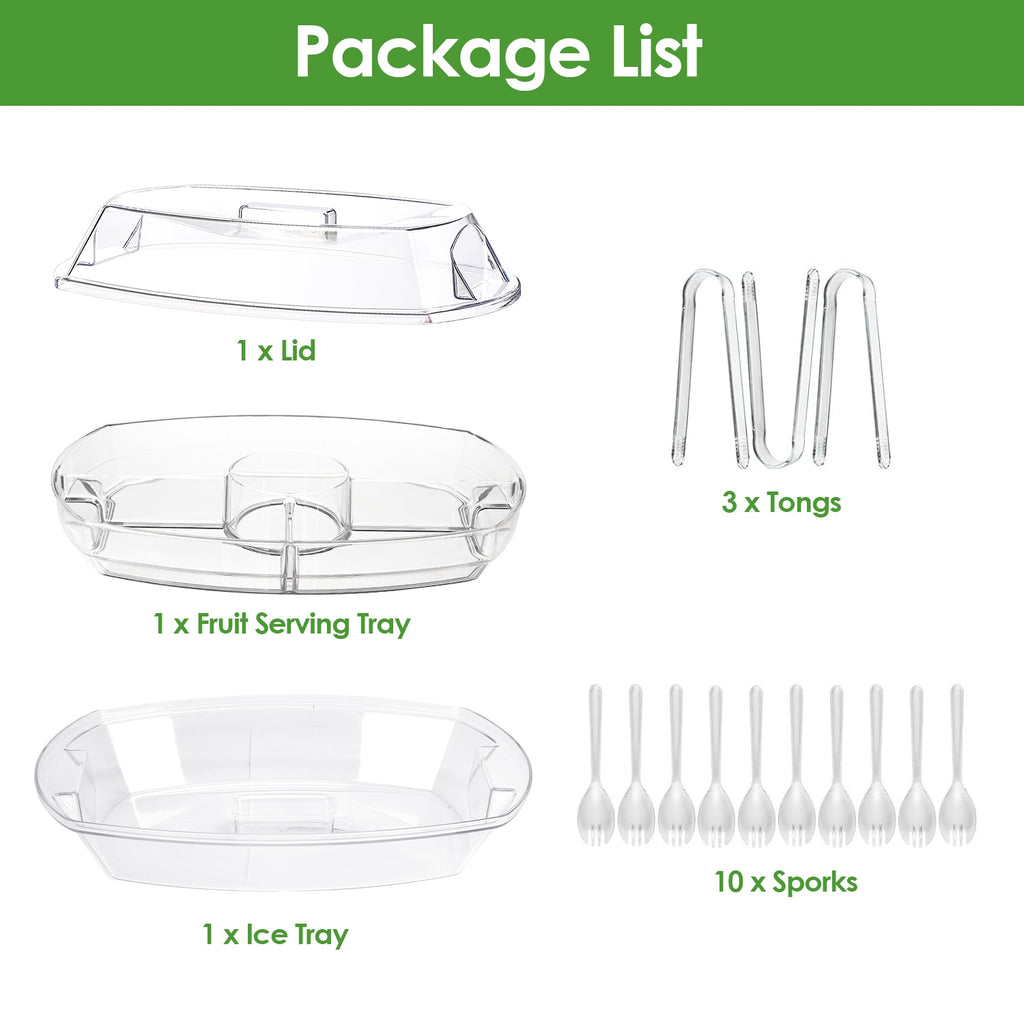 Chilled Fruit Ice Serving Tray Set, Divided Appetizer Platter with Lid, PS Plastic Cold Food Server with Tongs & Sporks for Party Buffet