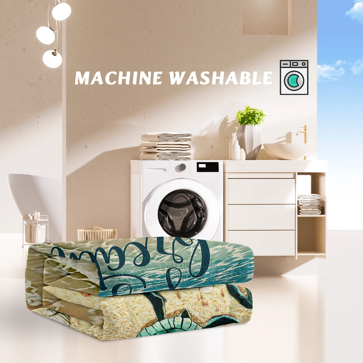 Sea Turtle Beach Flannel Throw Blanket, Just Breathe Ocean Wave Print Soft Cozy Plush Blanket for Sofa Bed Couch Travel