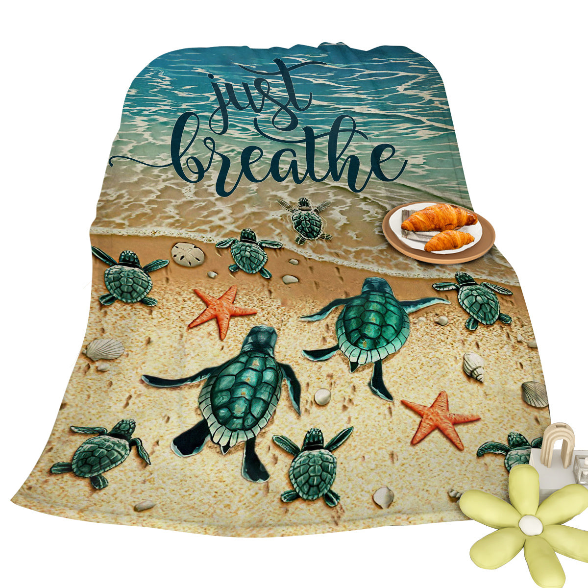 Sea Turtle Beach Flannel Throw Blanket, Just Breathe Ocean Wave Print Soft Cozy Plush Blanket for Sofa Bed Couch Travel