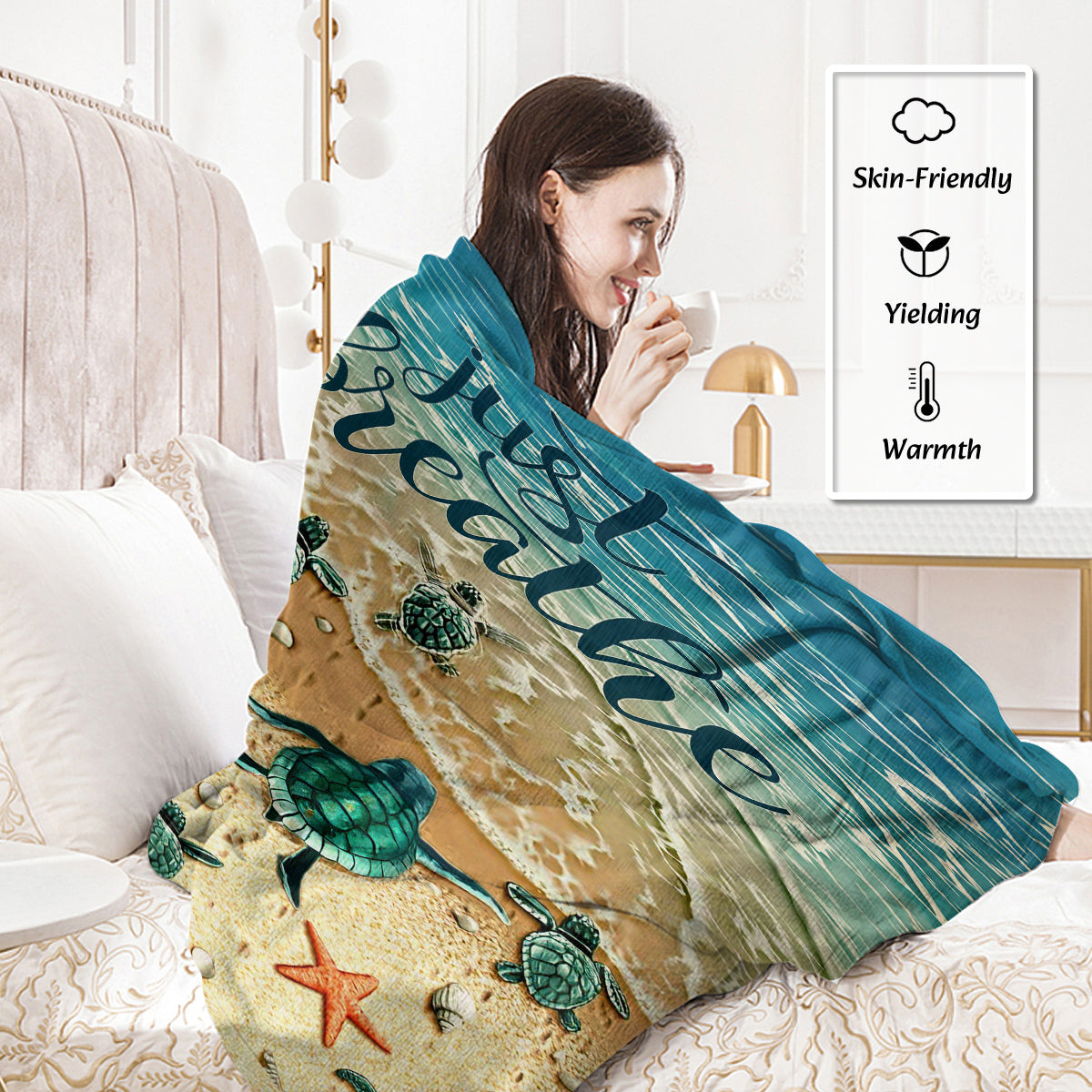 Sea Turtle Beach Flannel Throw Blanket, Just Breathe Ocean Wave Print Soft Cozy Plush Blanket for Sofa Bed Couch Travel