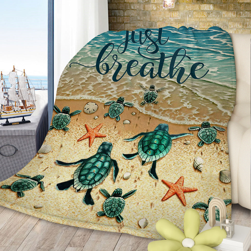 Sea Turtle Beach Flannel Throw Blanket, Just Breathe Ocean Wave Print Soft Cozy Plush Blanket for Sofa Bed Couch Travel