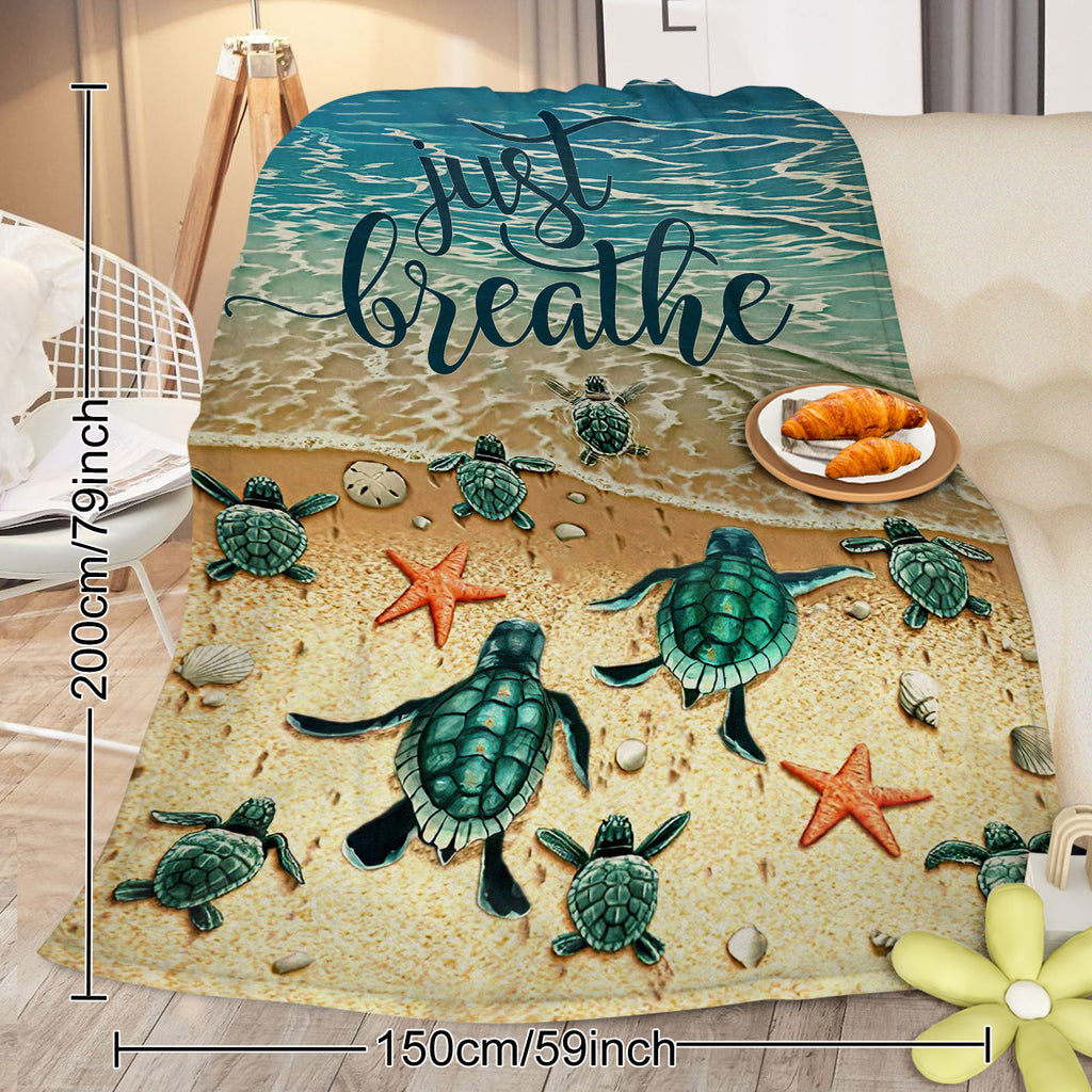 Sea Turtle Beach Flannel Throw Blanket, Just Breathe Ocean Wave Print Soft Cozy Plush Blanket for Sofa Bed Couch Travel