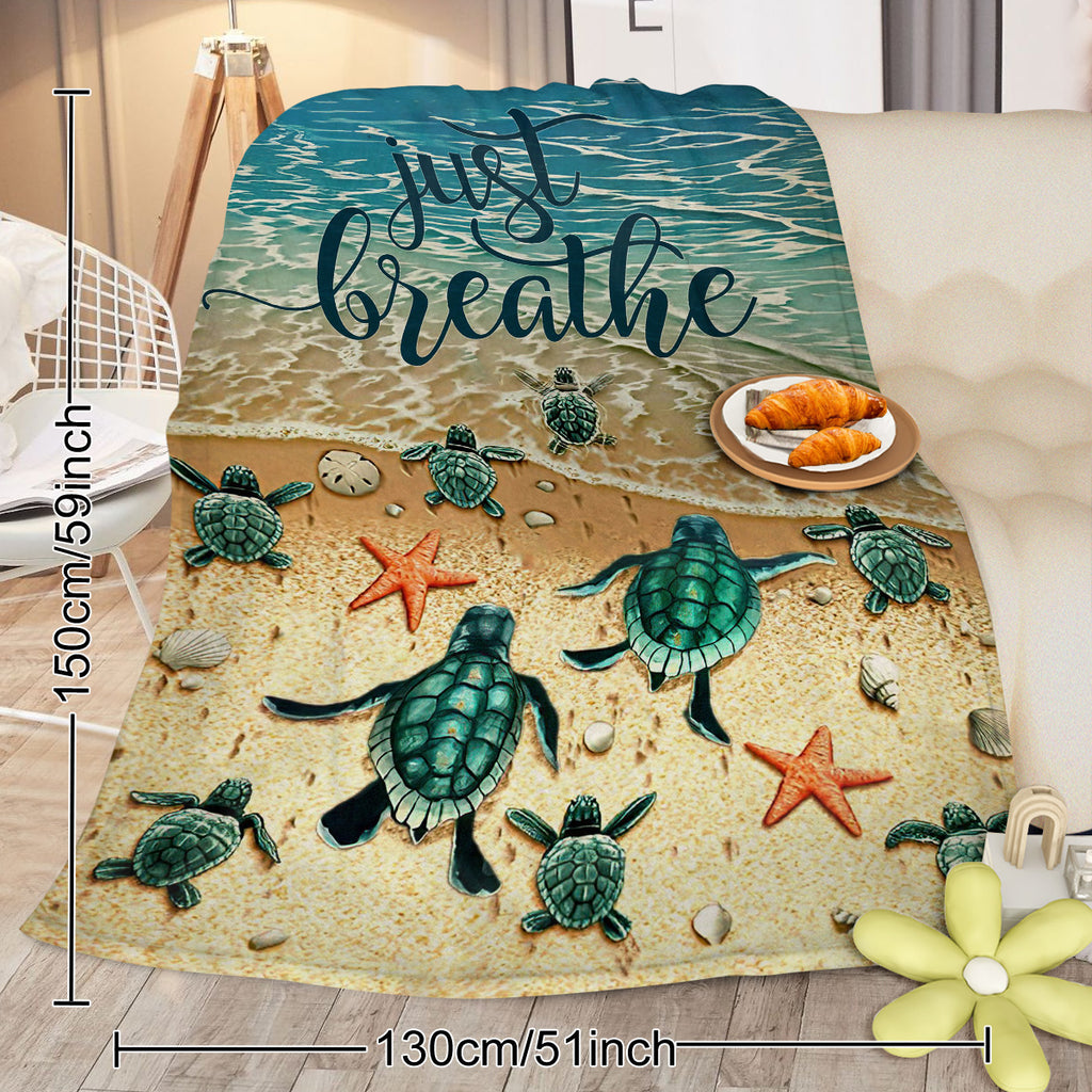 Sea Turtle Beach Flannel Throw Blanket, Just Breathe Ocean Wave Print Soft Cozy Plush Blanket for Sofa Bed Couch Travel