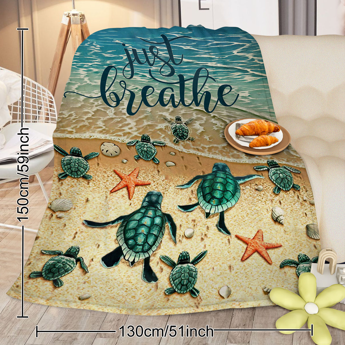 Sea Turtle Beach Flannel Throw Blanket, Just Breathe Ocean Wave Print Soft Cozy Plush Blanket for Sofa Bed Couch Travel