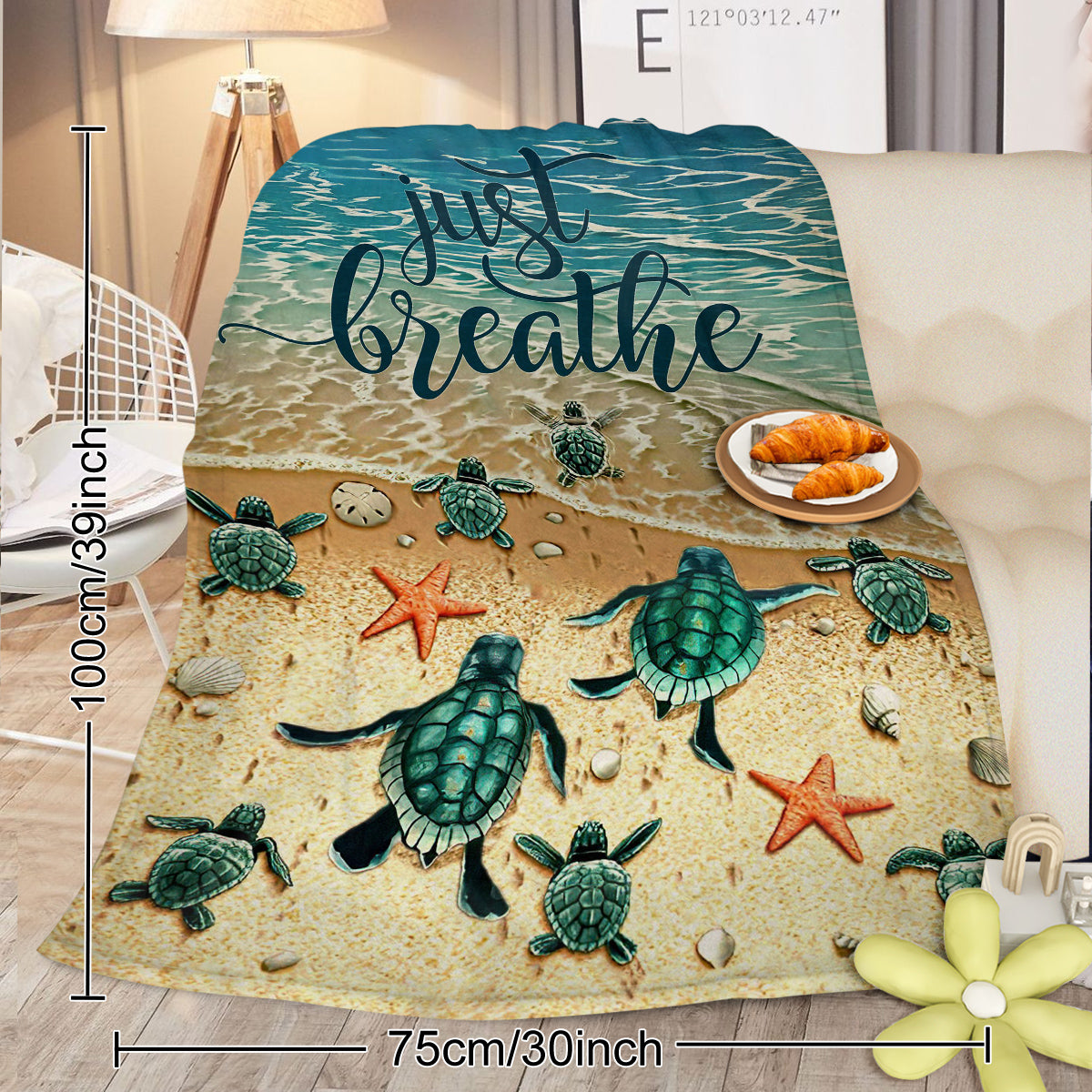 Sea Turtle Beach Flannel Throw Blanket, Just Breathe Ocean Wave Print Soft Cozy Plush Blanket for Sofa Bed Couch Travel