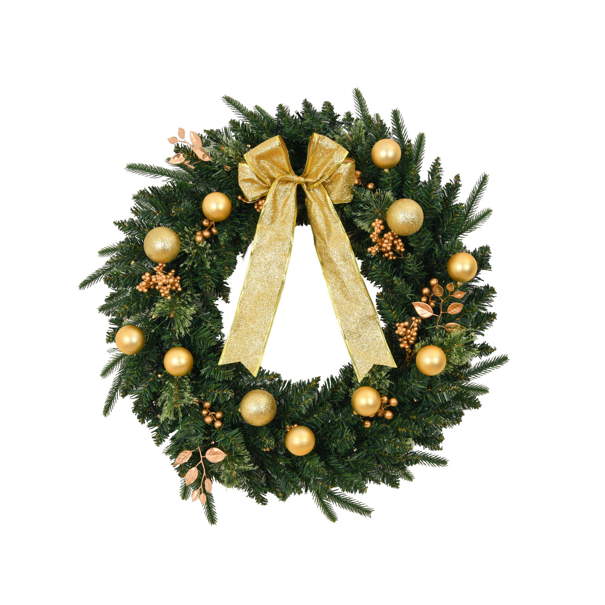 AEELLEEA 24 Inch Pre-Lit Christmas Wreath, Artificial Green Wreath with Gold Ball Ornaments, Bow and Berries for Front Door Holiday Decor