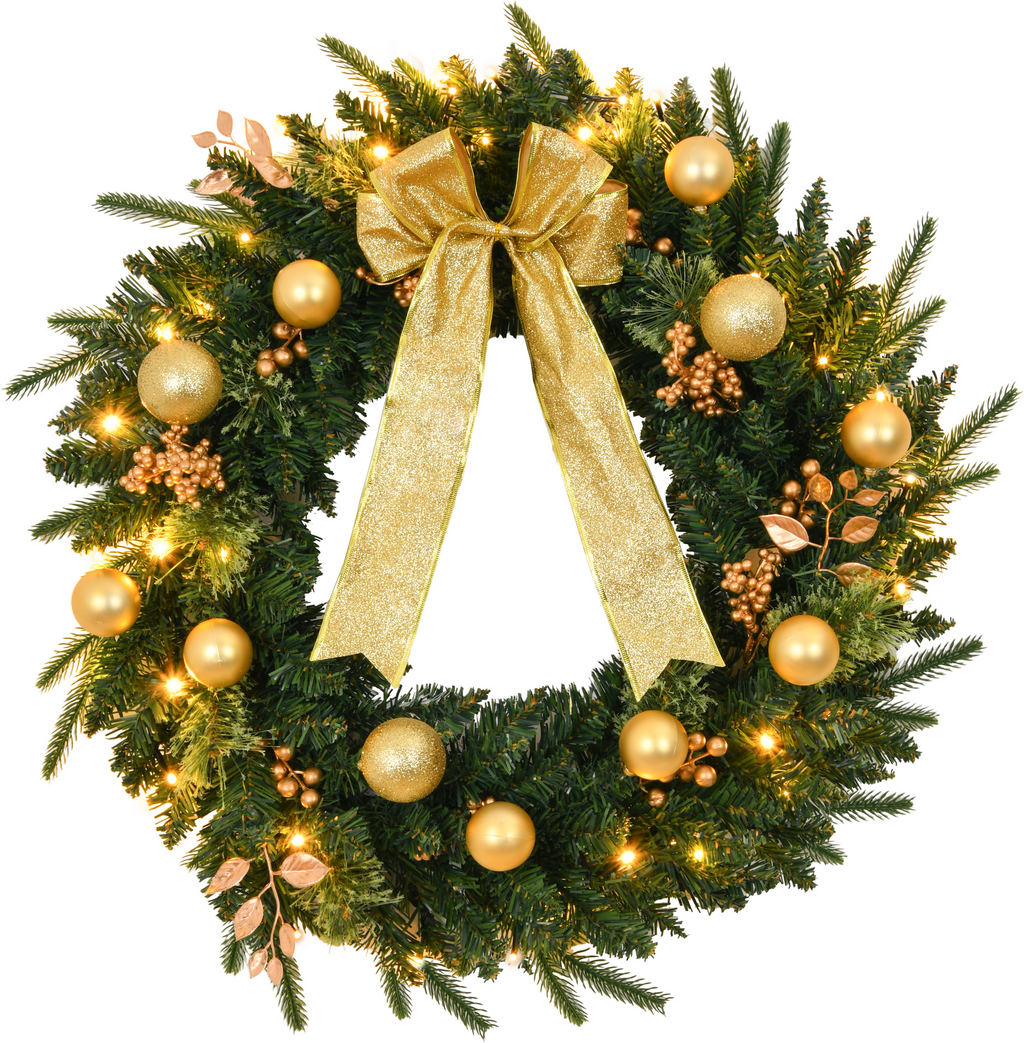AEELLEEA 24 Inch Pre-Lit Christmas Wreath, Artificial Green Wreath with Gold Ball Ornaments, Bow and Berries for Front Door Holiday Decor