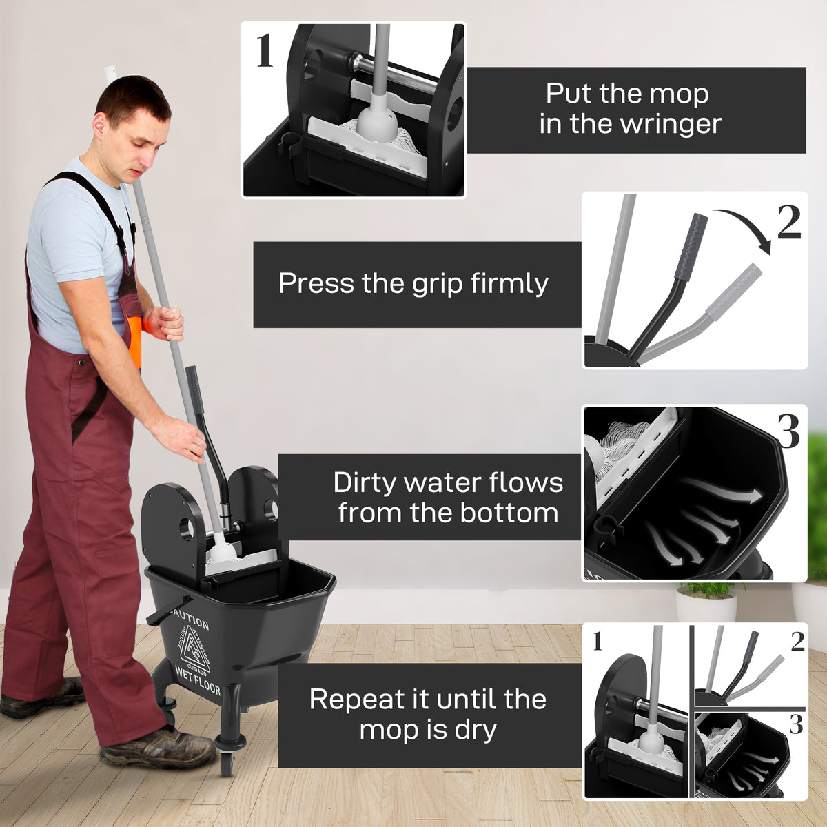 AEELLEEA 27.5Qt Mop Bucket with Wringer on Wheels, 49.2" String Mop Included, Rolling Cleaning Cart for Home Commercial Floor Cleaning
