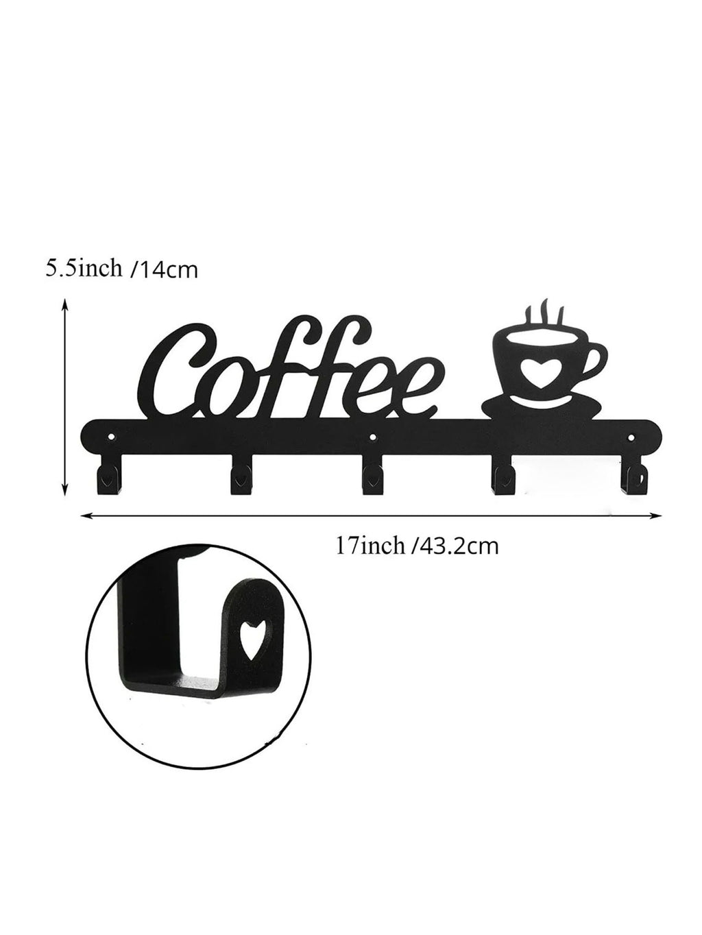 Metal Coffee Mug Holder Wall Mount, Coffee Sign Cup Rack with 5 Hooks, Decorative Coffee Cup Hanger for Kitchen Coffee Bar
