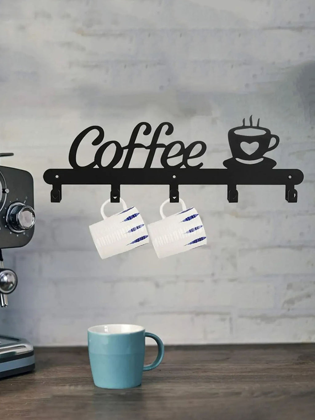 Metal Coffee Mug Holder Wall Mount, Coffee Sign Cup Rack with 5 Hooks, Decorative Coffee Cup Hanger for Kitchen Coffee Bar