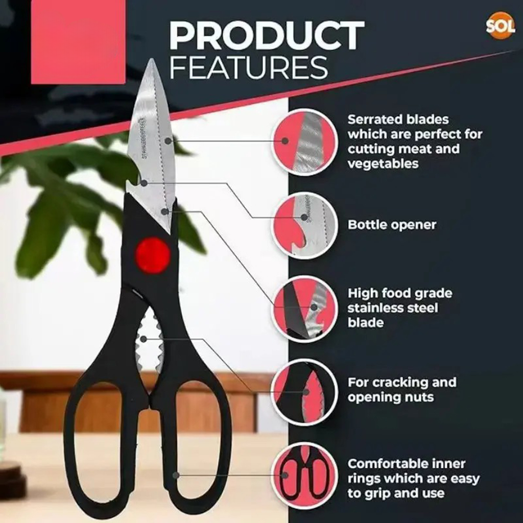 Multi-function Kitchen Scissors, Heavy Duty Stainless Steel Food Shears for Poultry, Vegetables, Fish, Bottle Opener & Nut Cracker for Home Cooking