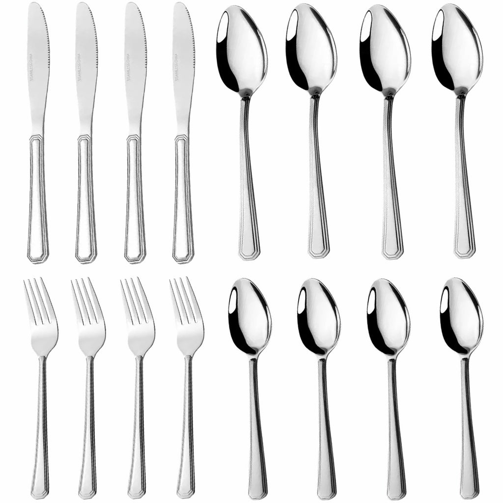AEELLEEA 16 Piece Stainless Steel Flatware Set, Silverware Cutlery Service for 4, Forks Knives Spoons Teaspoons, Dishwasher Safe