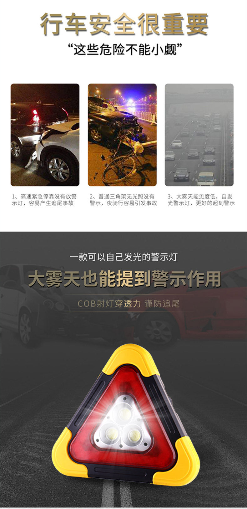 Solar Powered LED Car Warning Triangle Light, Auto Emergency Hazard Flash Safety Triangle Reflector for Road Breakdown Parking
