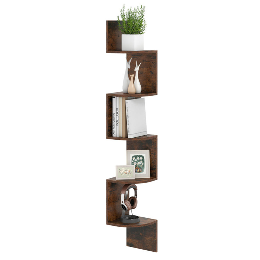 5-Tier Wall Mounted Corner Floating Shelf, Rustic Brown Engineered Wood Zigzag Corner Display Rack for Books Photos Plants Home Decor