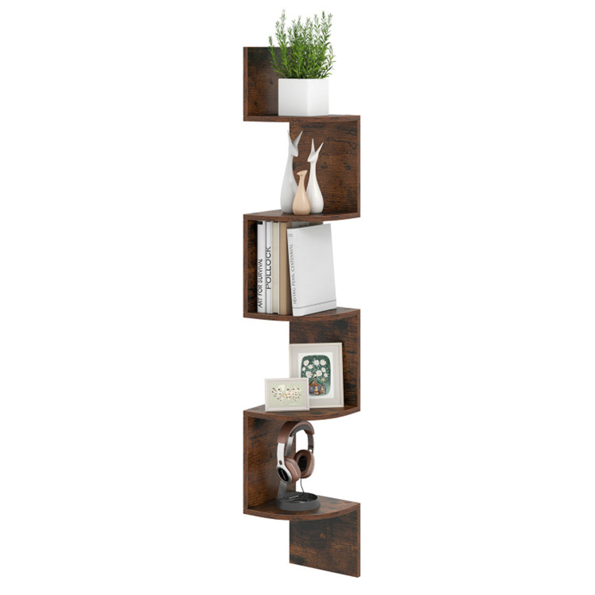 5-Tier Wall Mounted Corner Floating Shelf, Rustic Brown Engineered Wood Zigzag Corner Display Rack for Books Photos Plants Home Decor