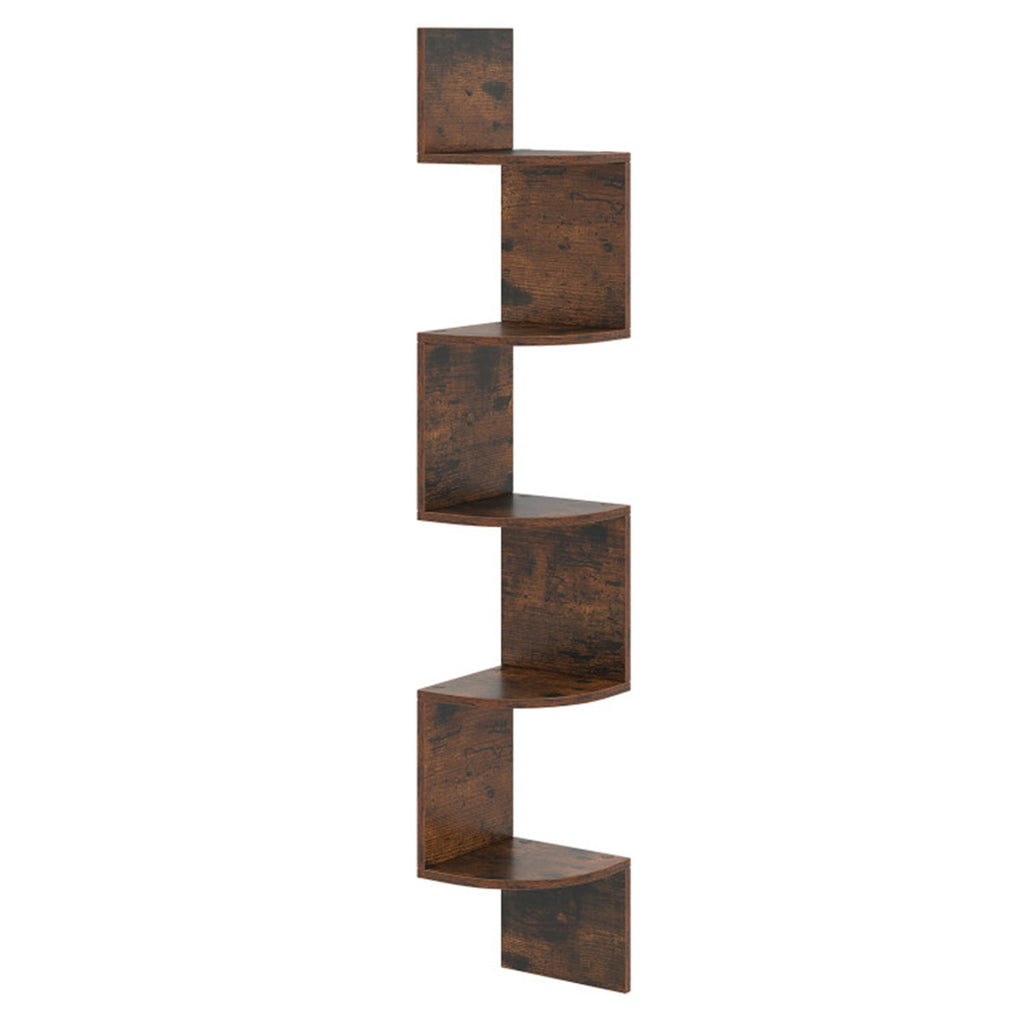 5-Tier Wall Mounted Corner Floating Shelf, Rustic Brown Engineered Wood Zigzag Corner Display Rack for Books Photos Plants Home Decor