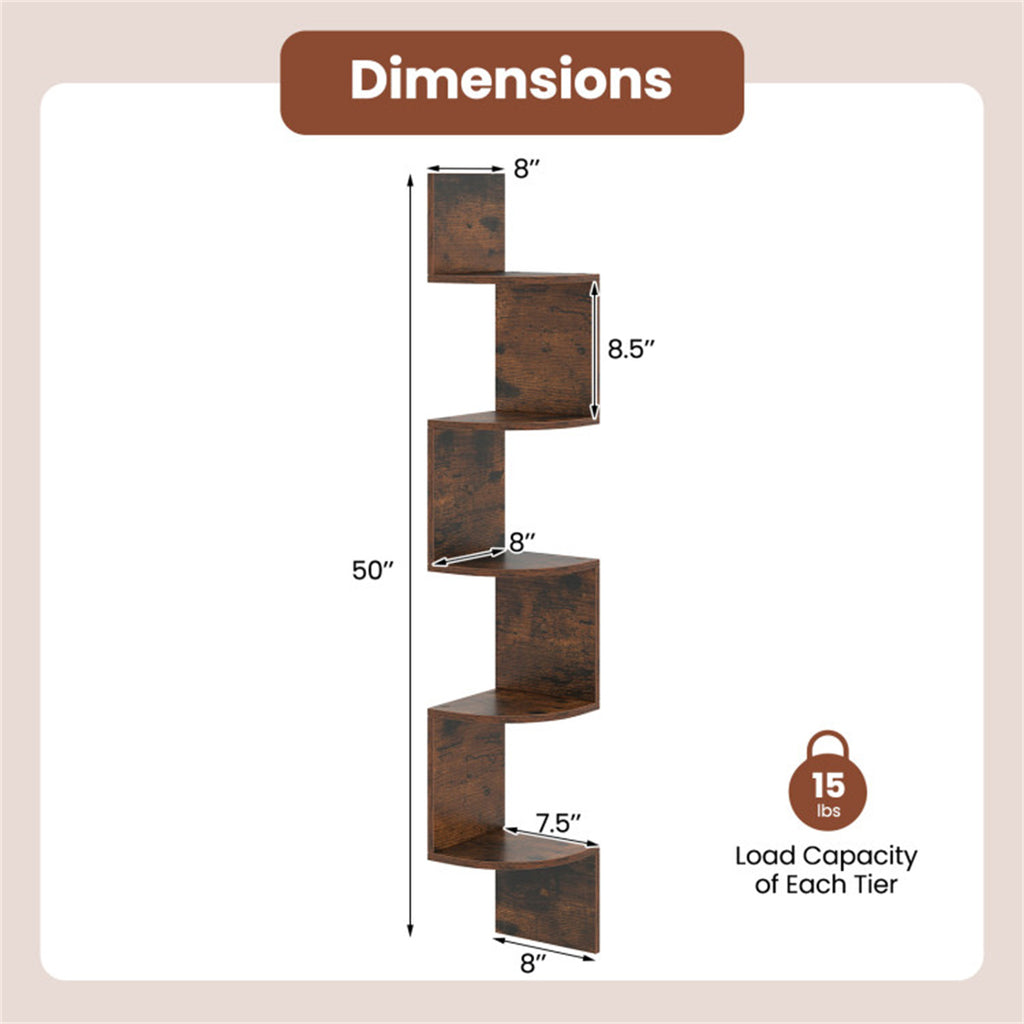 5-Tier Wall Mounted Corner Floating Shelf, Rustic Brown Engineered Wood Zigzag Corner Display Rack for Books Photos Plants Home Decor