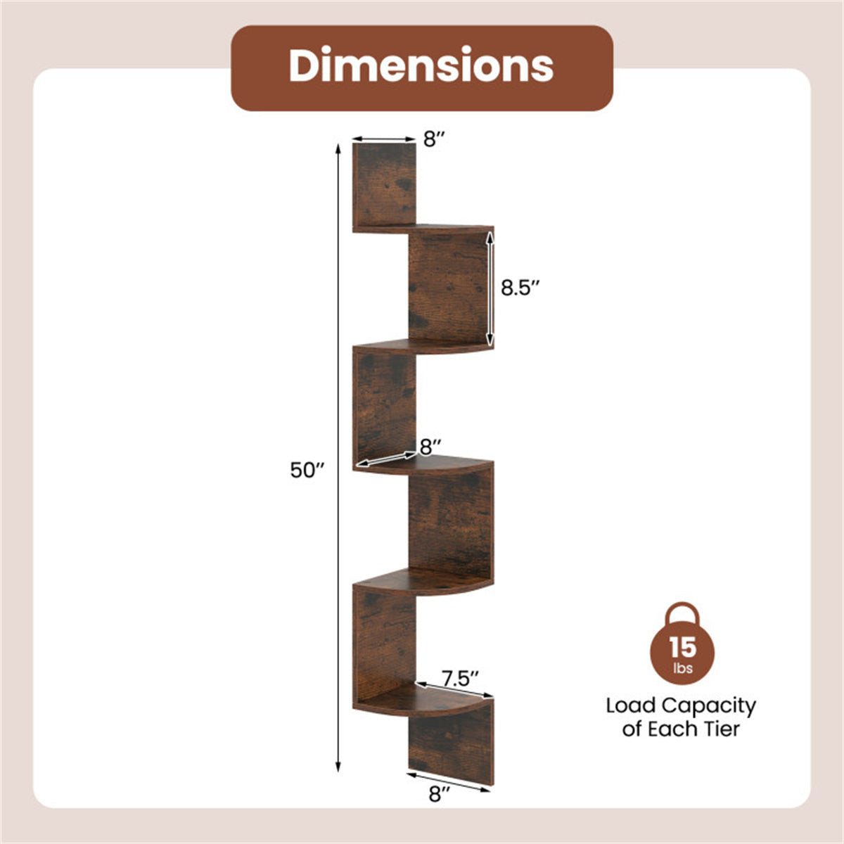 5-Tier Wall Mounted Corner Floating Shelf, Rustic Brown Engineered Wood Zigzag Corner Display Rack for Books Photos Plants Home Decor