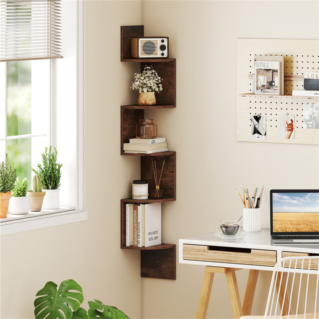 5-Tier Wall Mounted Corner Floating Shelf, Rustic Brown Engineered Wood Zigzag Corner Display Rack for Books Photos Plants Home Decor