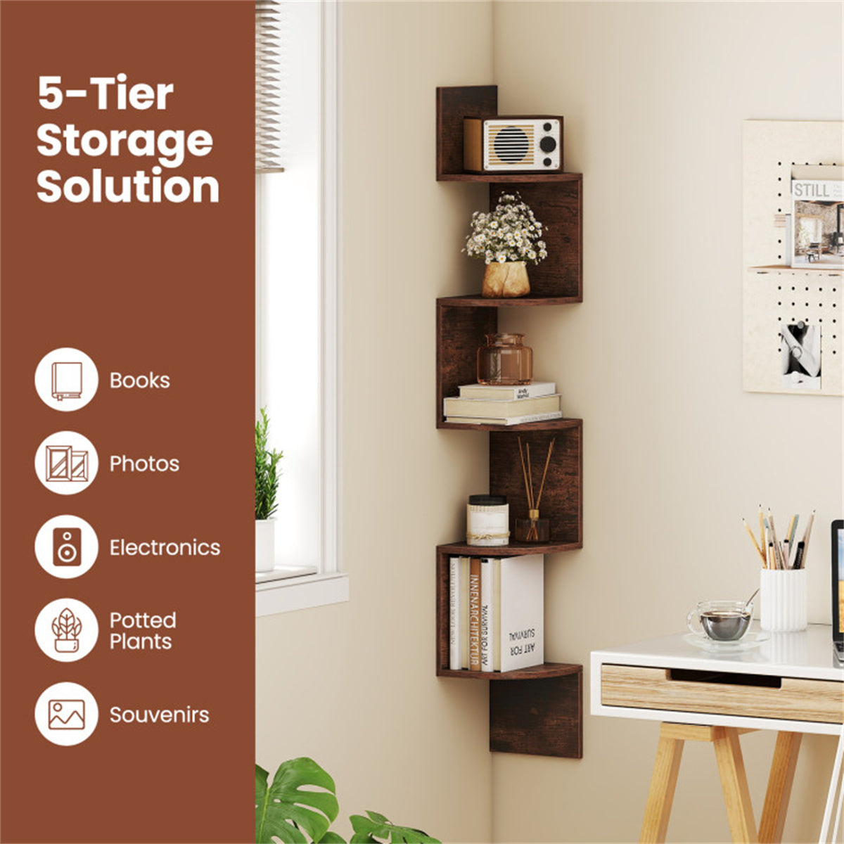 5-Tier Wall Mounted Corner Floating Shelf, Rustic Brown Engineered Wood Zigzag Corner Display Rack for Books Photos Plants Home Decor