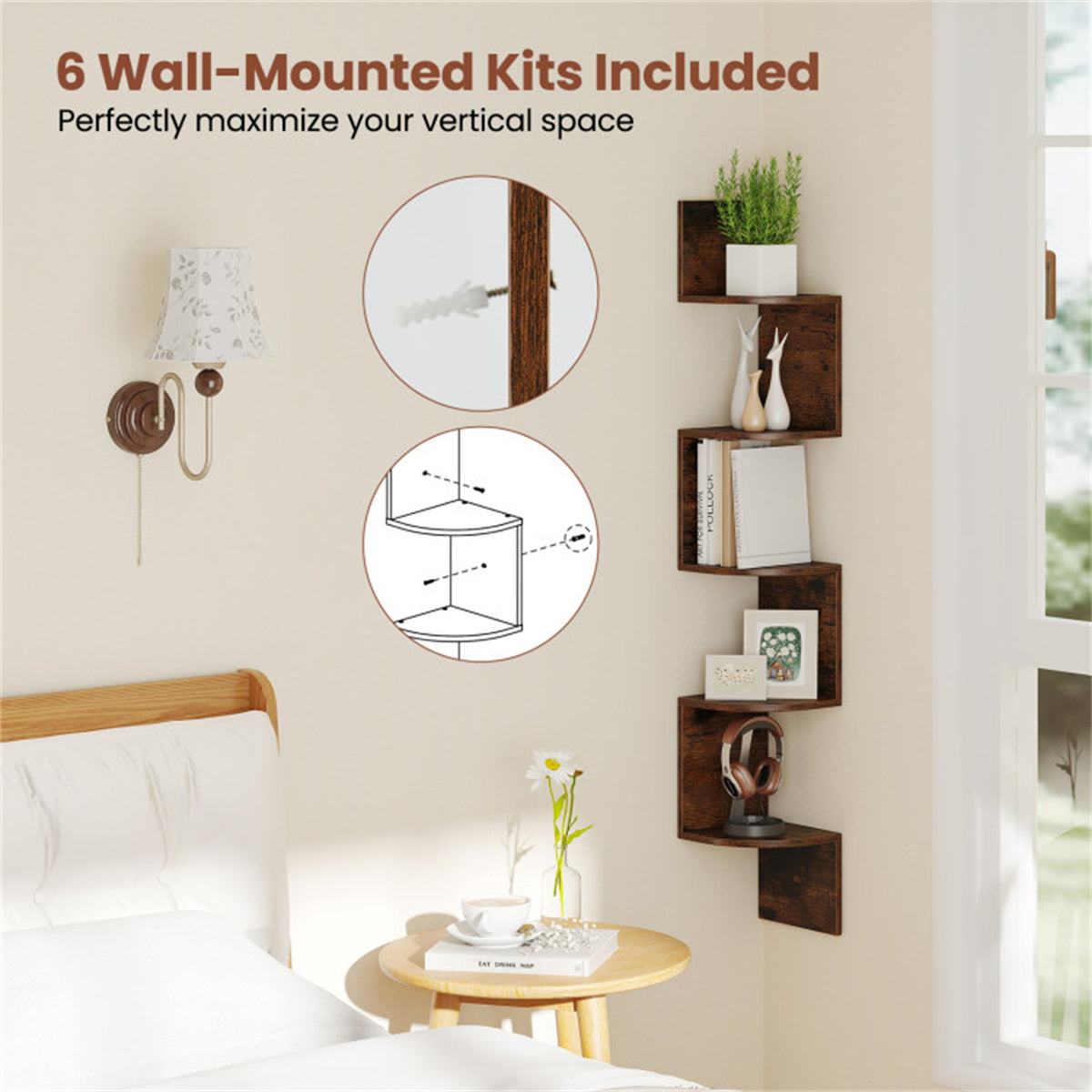 5-Tier Wall Mounted Corner Floating Shelf, Rustic Brown Engineered Wood Zigzag Corner Display Rack for Books Photos Plants Home Decor