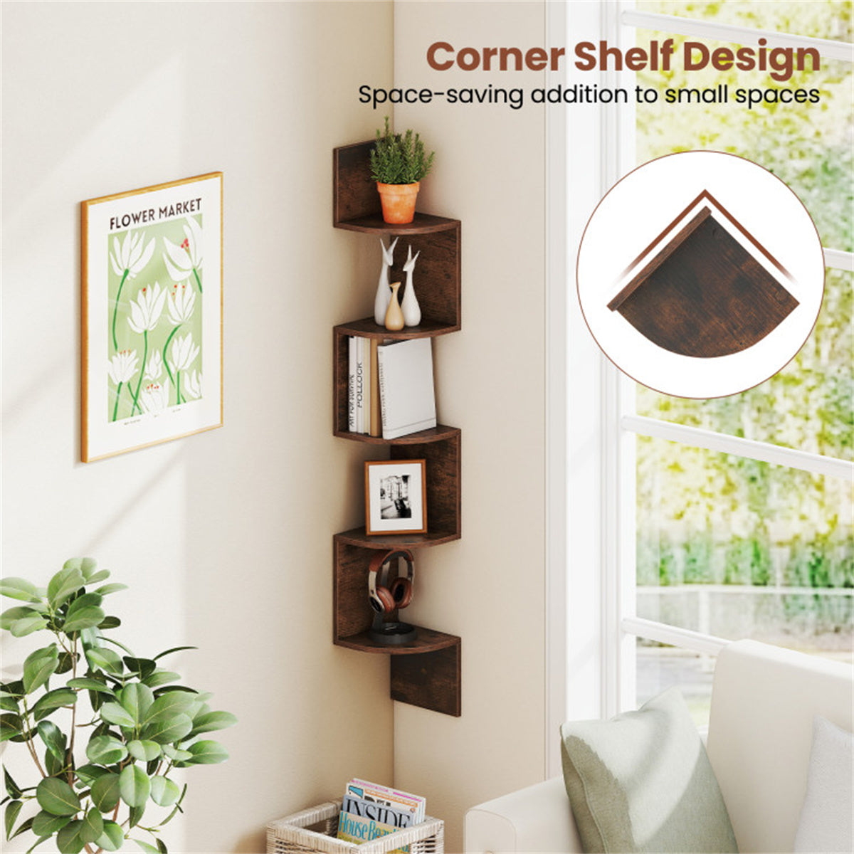 5-Tier Wall Mounted Corner Floating Shelf, Rustic Brown Engineered Wood Zigzag Corner Display Rack for Books Photos Plants Home Decor