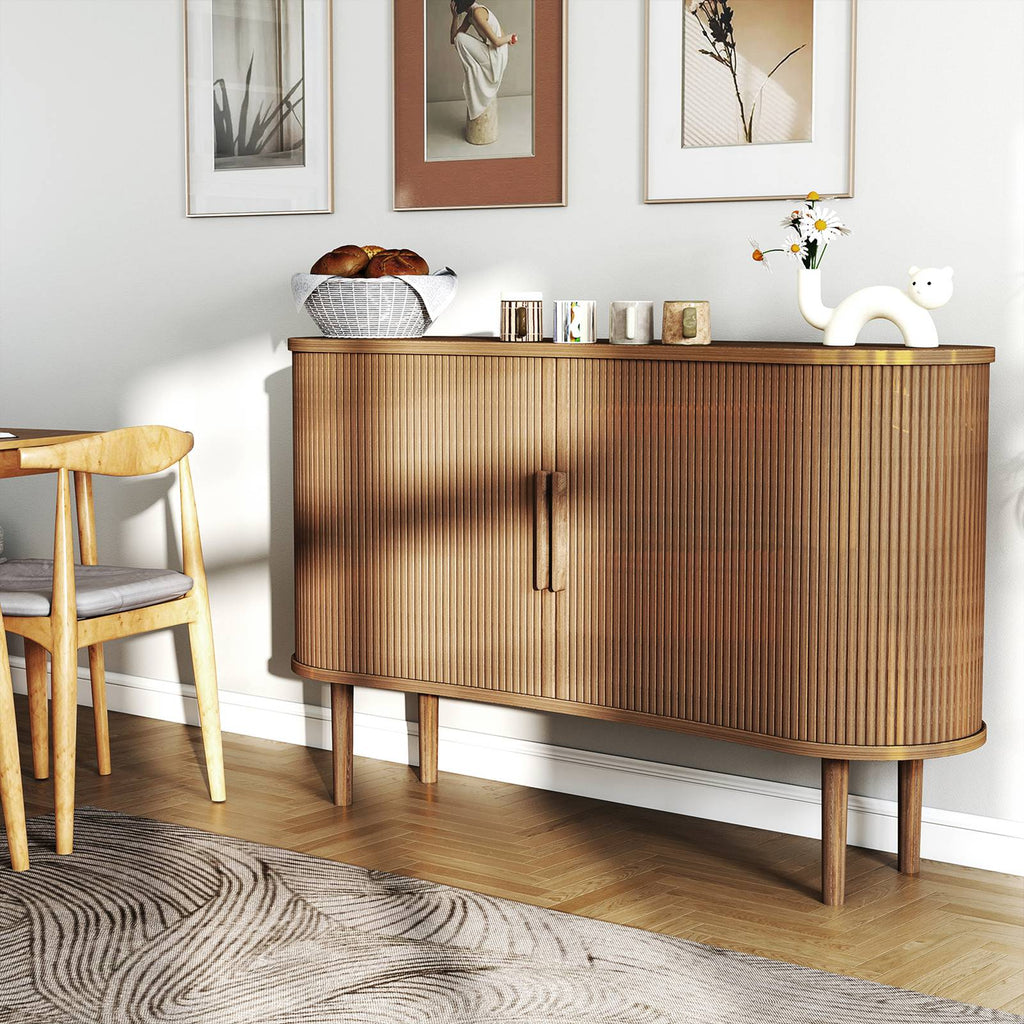 Storage Sideboard 1.4M Long Curved MDF Modern Buffet Cabinet with Doors for Kitchen Living Room Bedroom Walnut