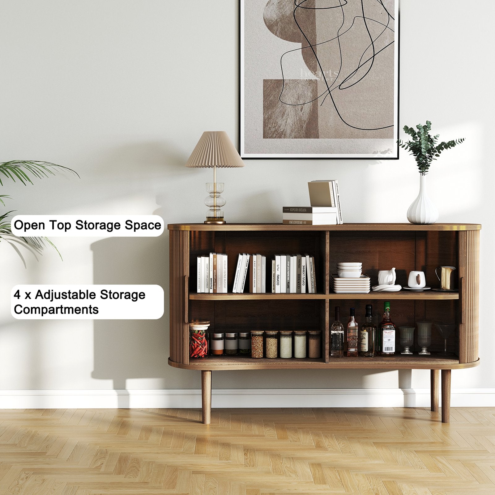 Storage Sideboard 1.4M Long Curved MDF Modern Buffet Cabinet with Doors for Kitchen Living Room Bedroom Walnut