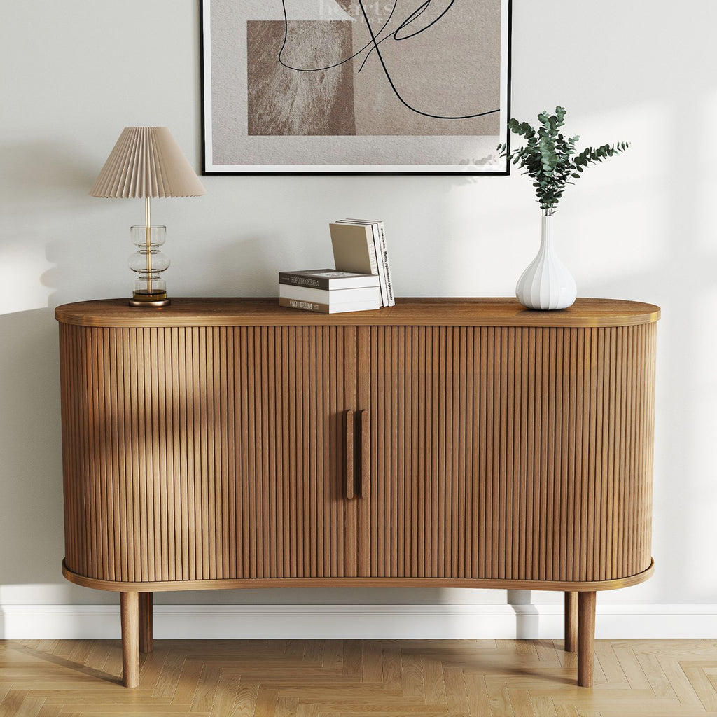 Storage Sideboard 1.4M Long Curved MDF Modern Buffet Cabinet with Doors for Kitchen Living Room Bedroom Walnut