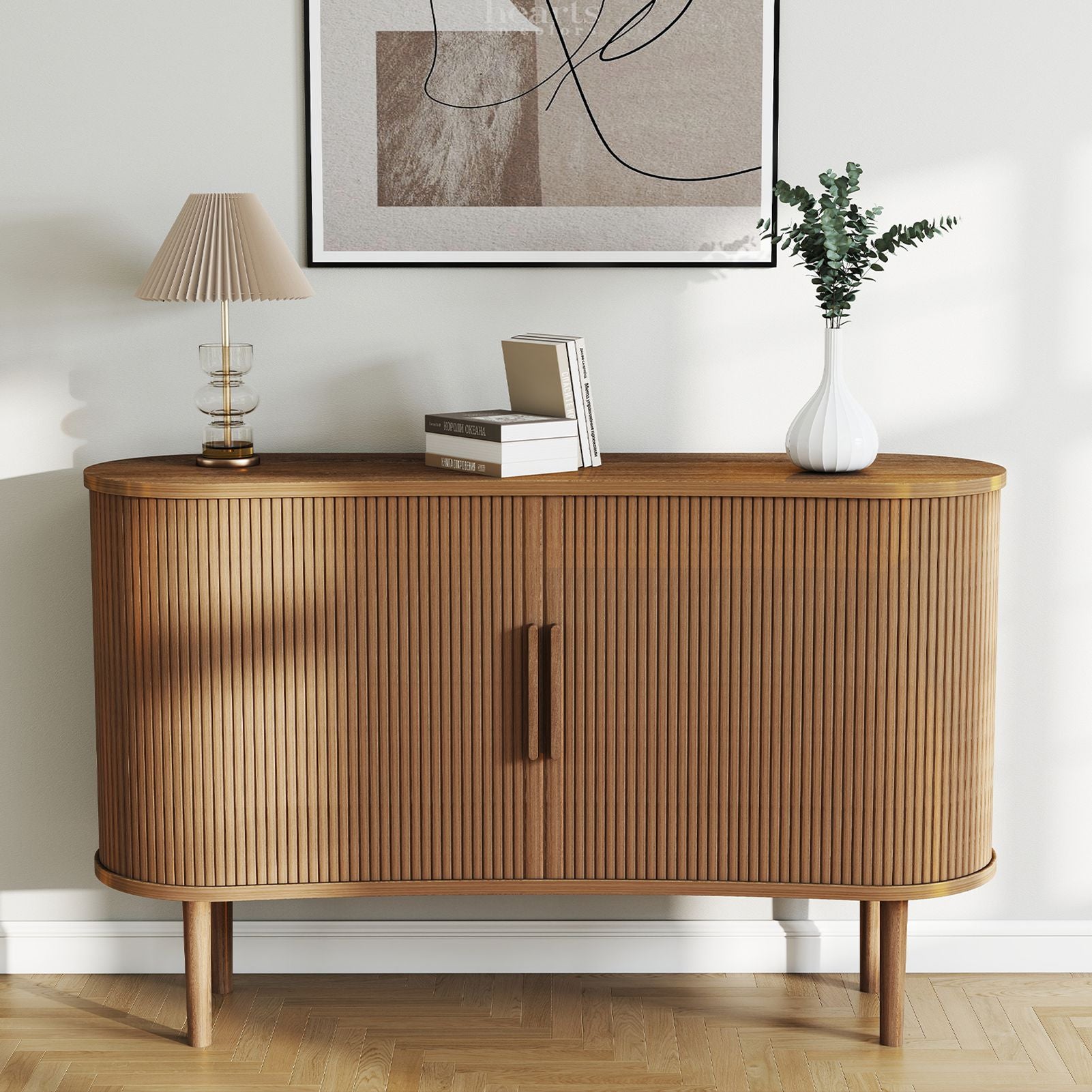 Storage Sideboard 1.4M Long Curved MDF Modern Buffet Cabinet with Doors for Kitchen Living Room Bedroom Walnut