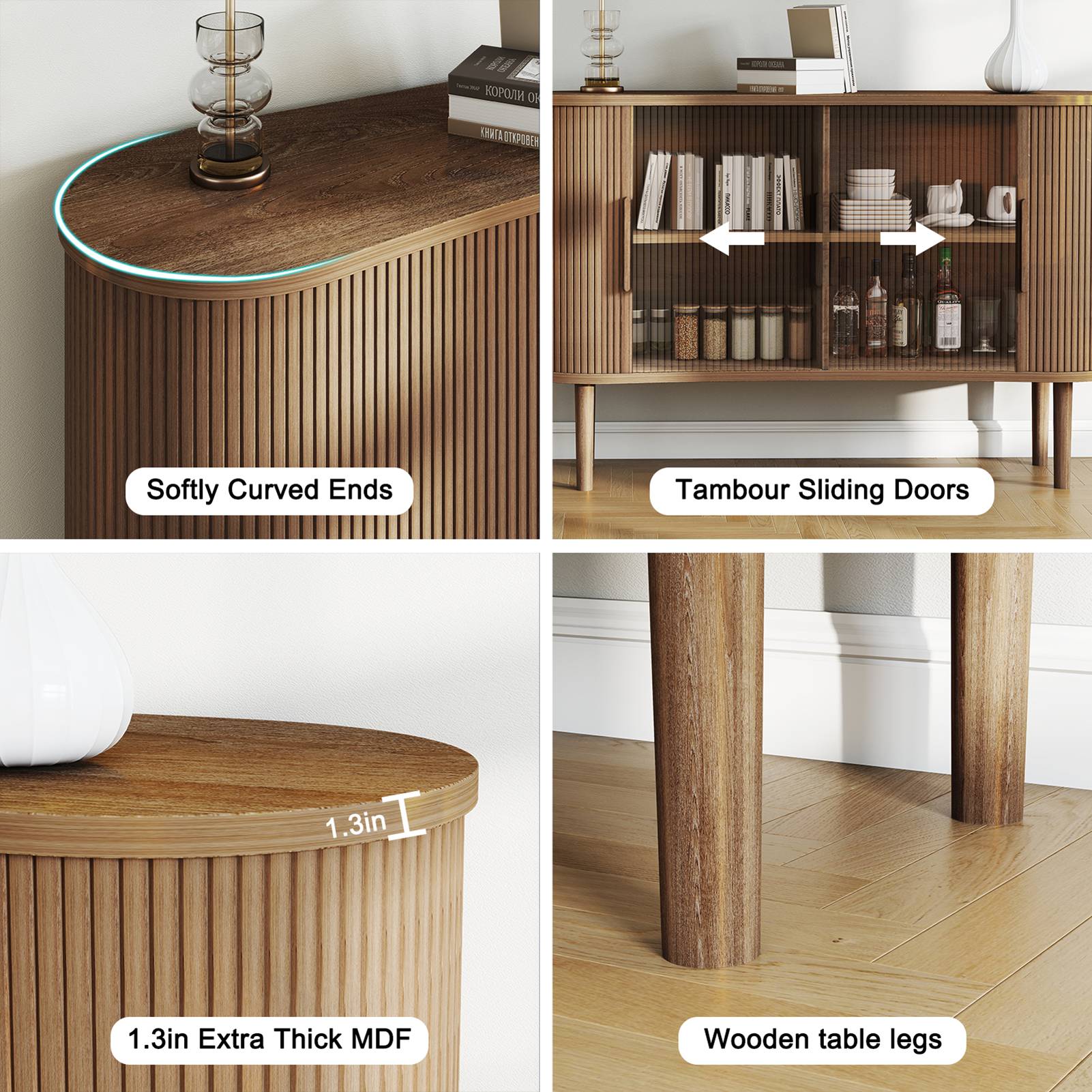 Storage Sideboard 1.4M Long Curved MDF Modern Buffet Cabinet with Doors for Kitchen Living Room Bedroom Walnut