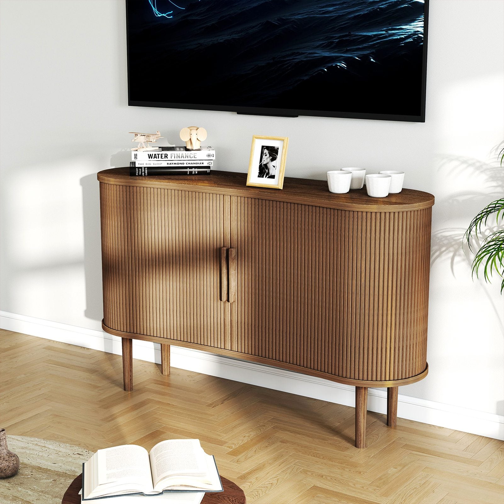 Storage Sideboard 1.4M Long Curved MDF Modern Buffet Cabinet with Doors for Kitchen Living Room Bedroom Walnut