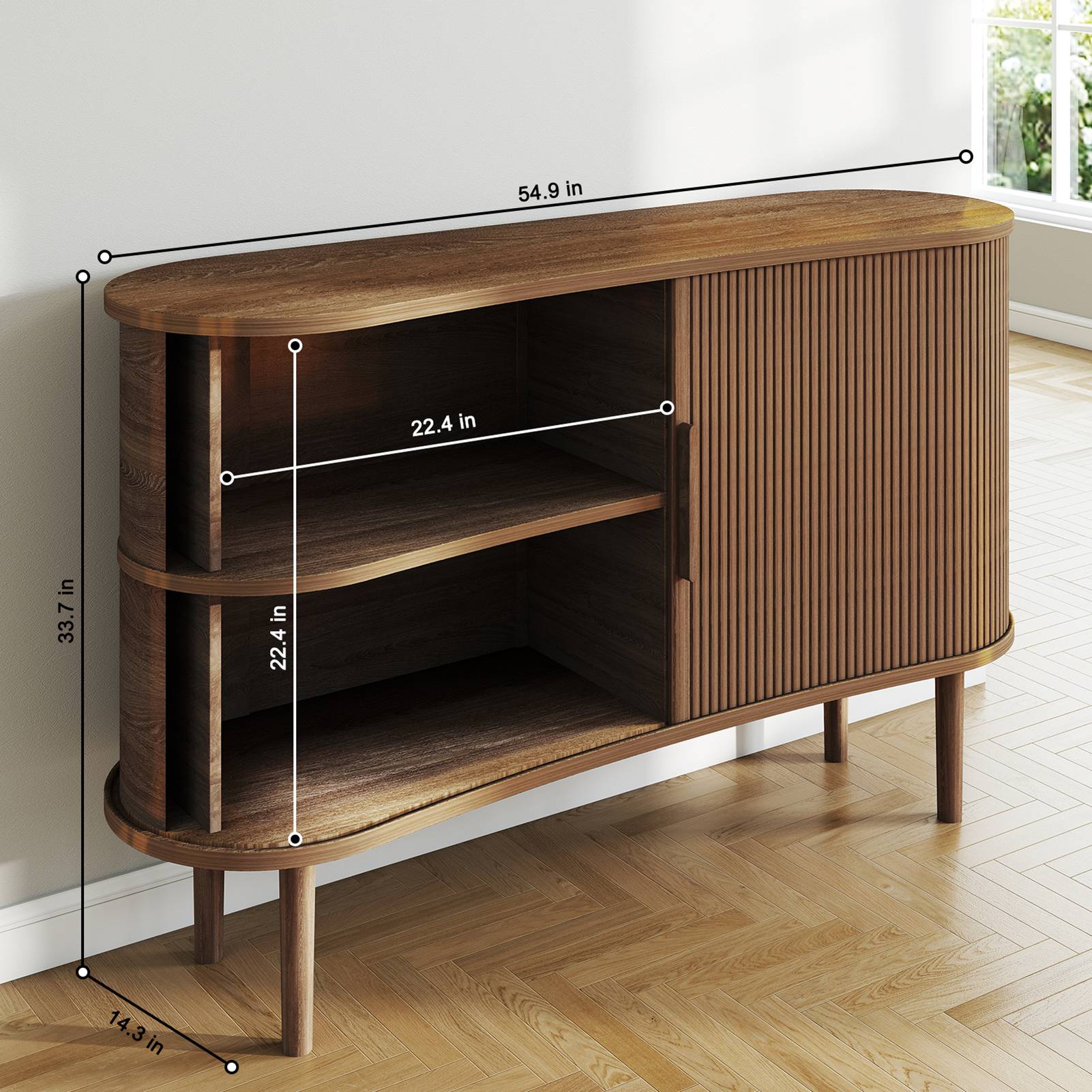 Storage Sideboard 1.4M Long Curved MDF Modern Buffet Cabinet with Doors for Kitchen Living Room Bedroom Walnut