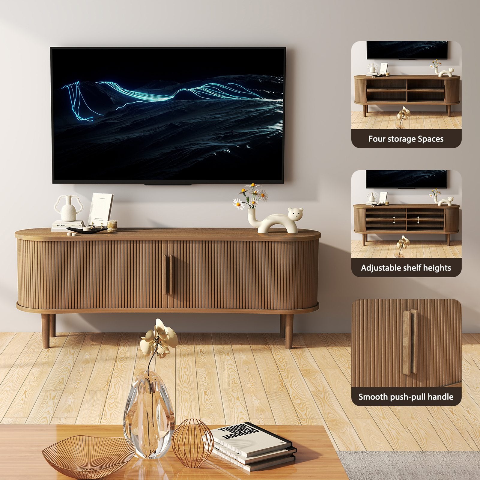 TV Stand MDF Mid Century Modern Media Console Table Entertainment Center with Storage Handle Door for Living Room Office Walnut