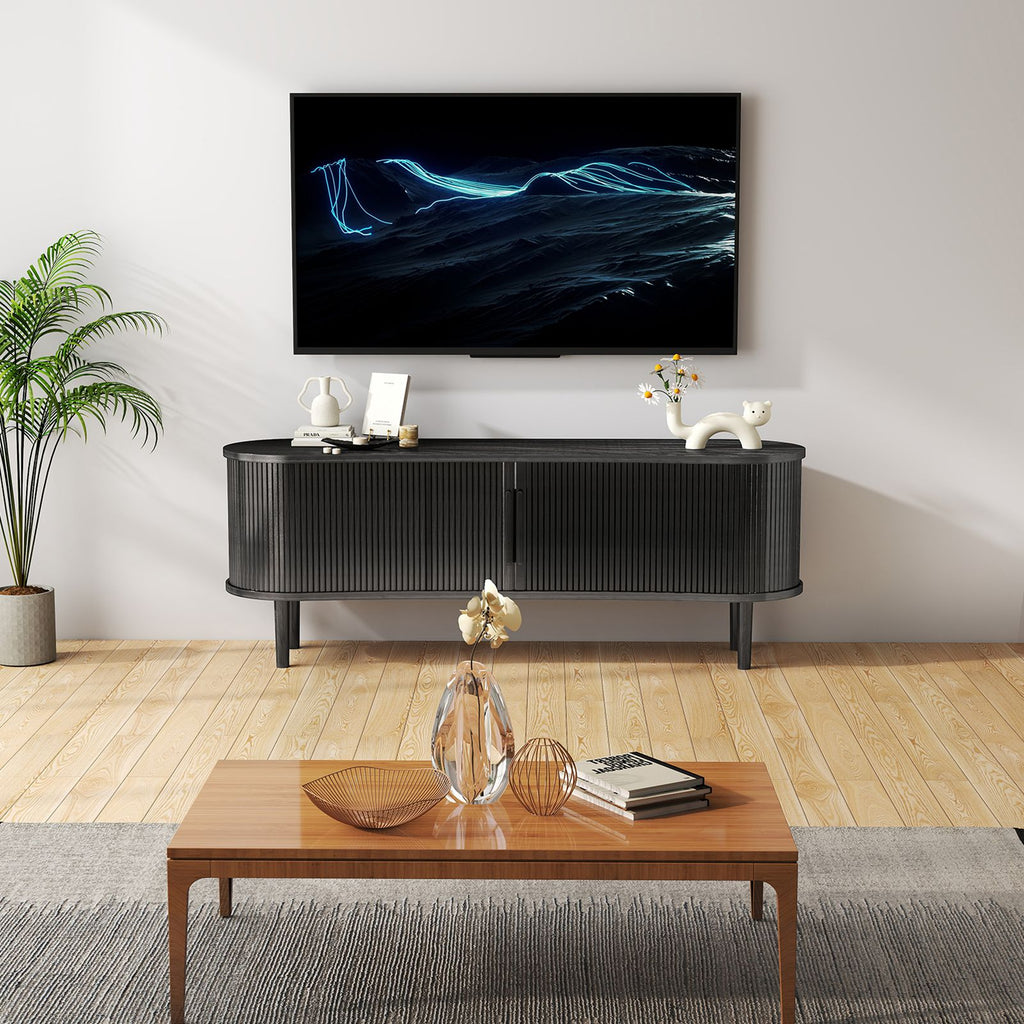 TV Stand MDF Mid Century Modern Media Console Table Entertainment Center with Storage Handle Door for Living Room Office Black