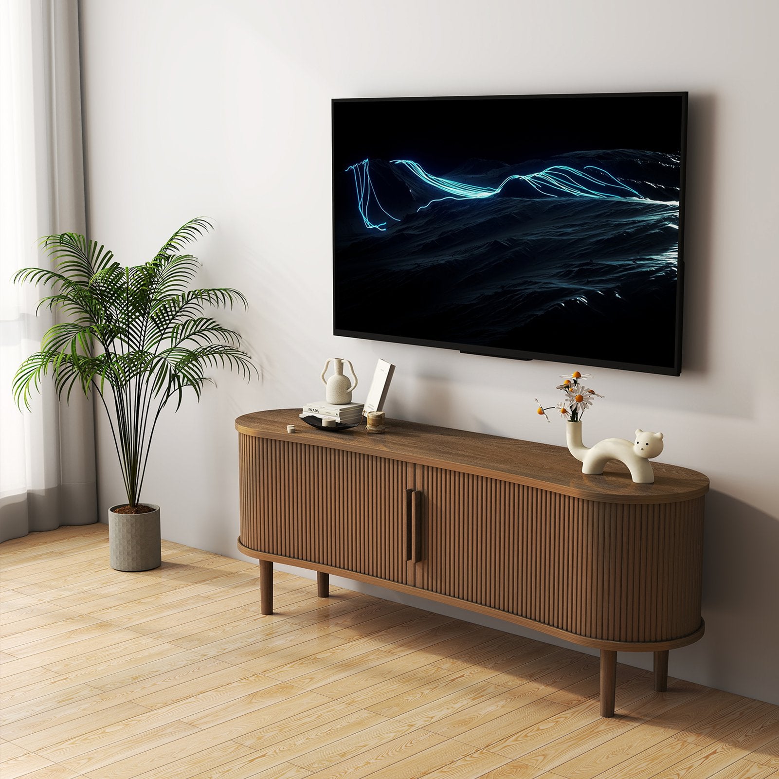 TV Stand MDF Mid Century Modern Media Console Table Entertainment Center with Storage Handle Door for Living Room Office Walnut