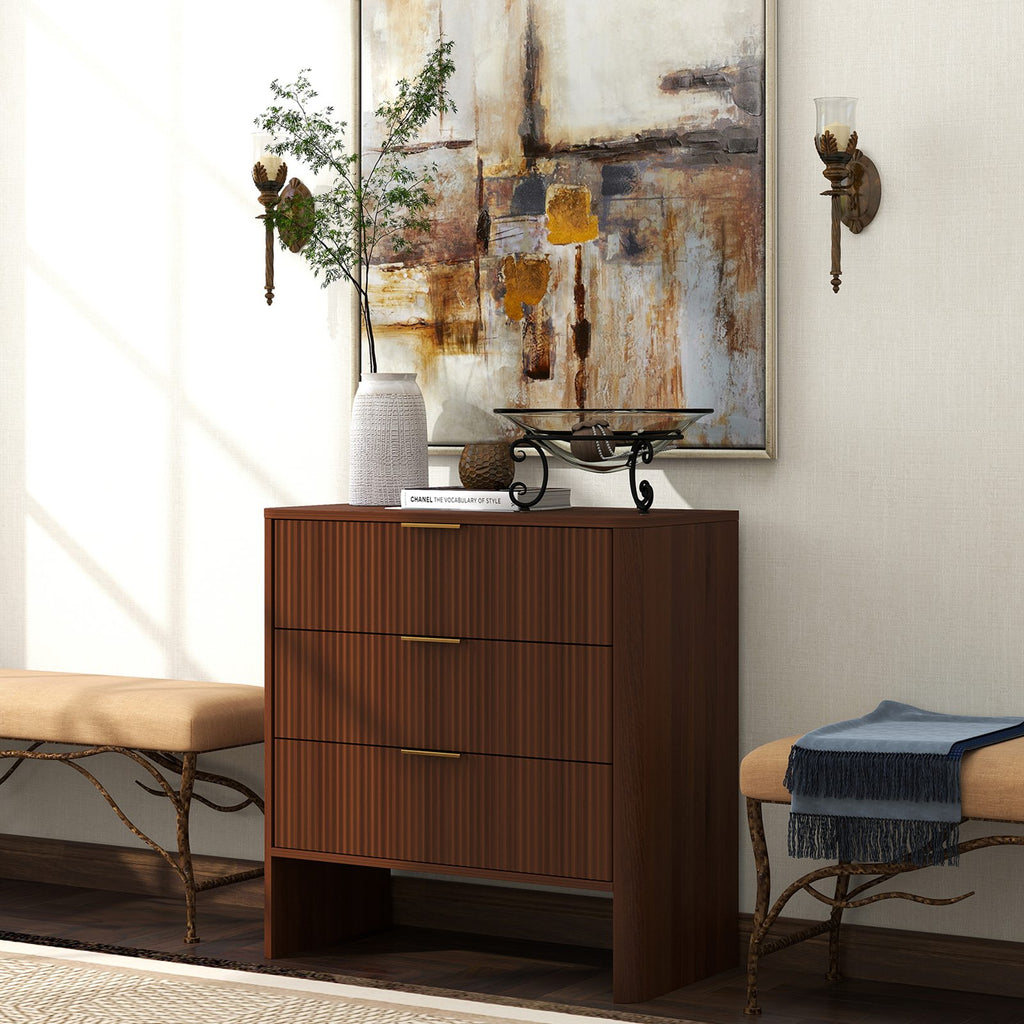 Wooden Cabinet with 3 Drawers Wavy Pattern Modern Bedside Cupboard Dressing Table for Bedroom 78CM Long Walnut Color