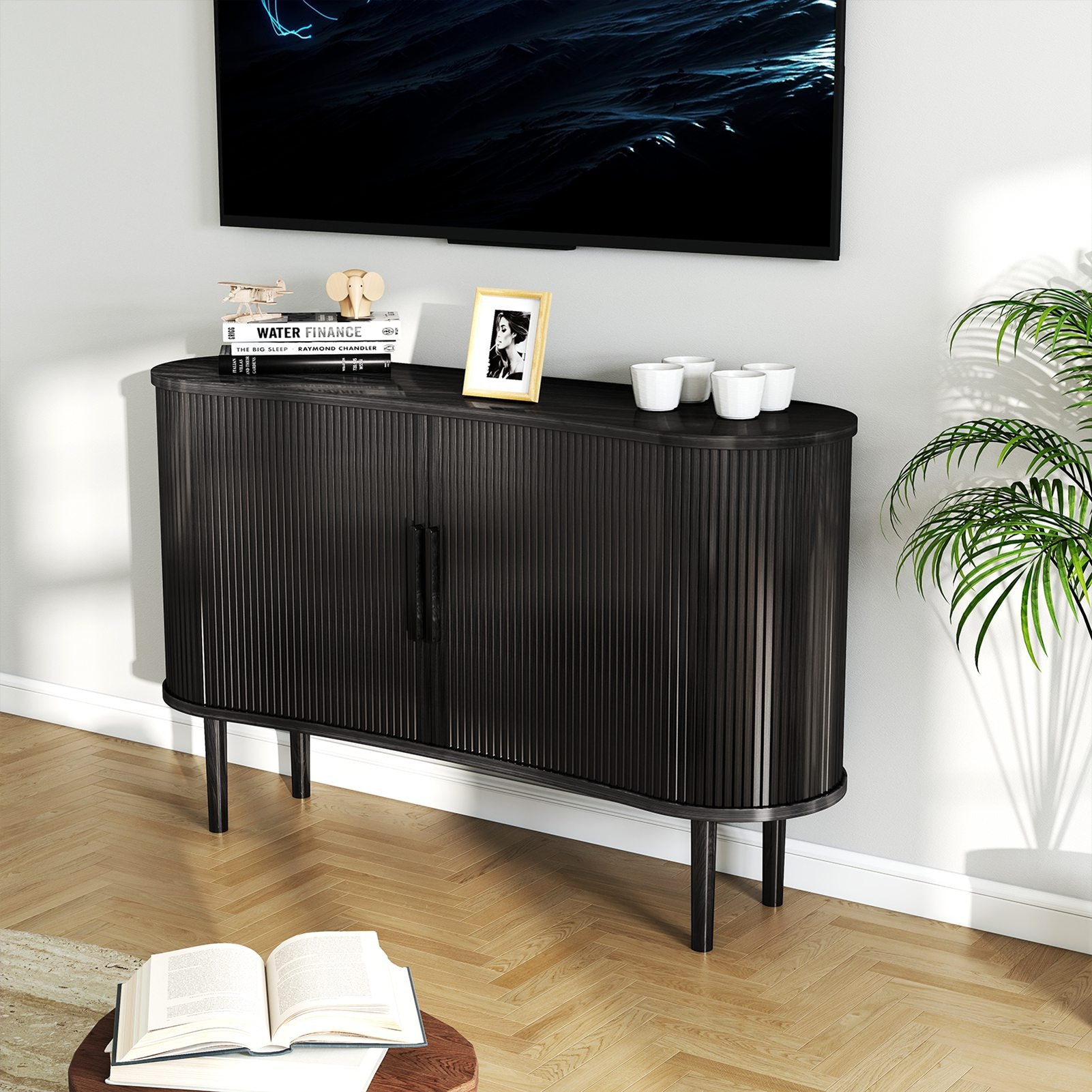 Storage Sideboard 1.4M Long Curved MDF Modern Buffet Cabinet with Doors for Kitchen Living Room Bedroom Black