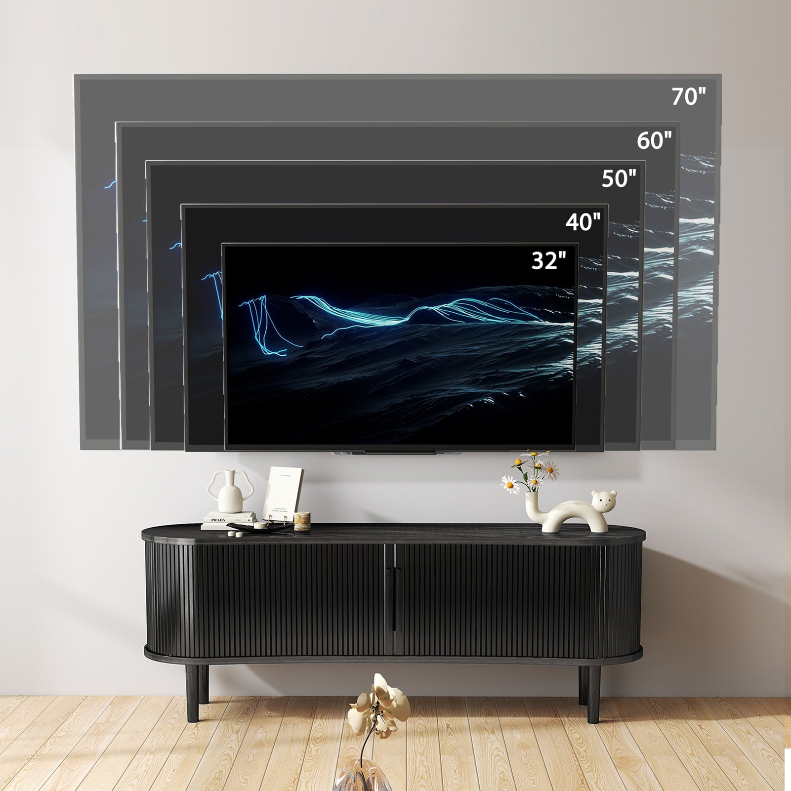 TV Stand MDF Mid Century Modern Media Console Table Entertainment Center with Storage Handle Door for Living Room Office Black