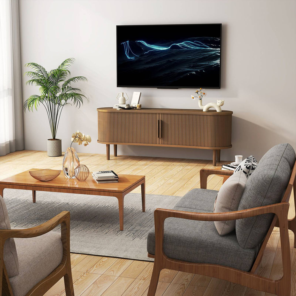 TV Stand MDF Mid Century Modern Media Console Table Entertainment Center with Storage Handle Door for Living Room Office Walnut
