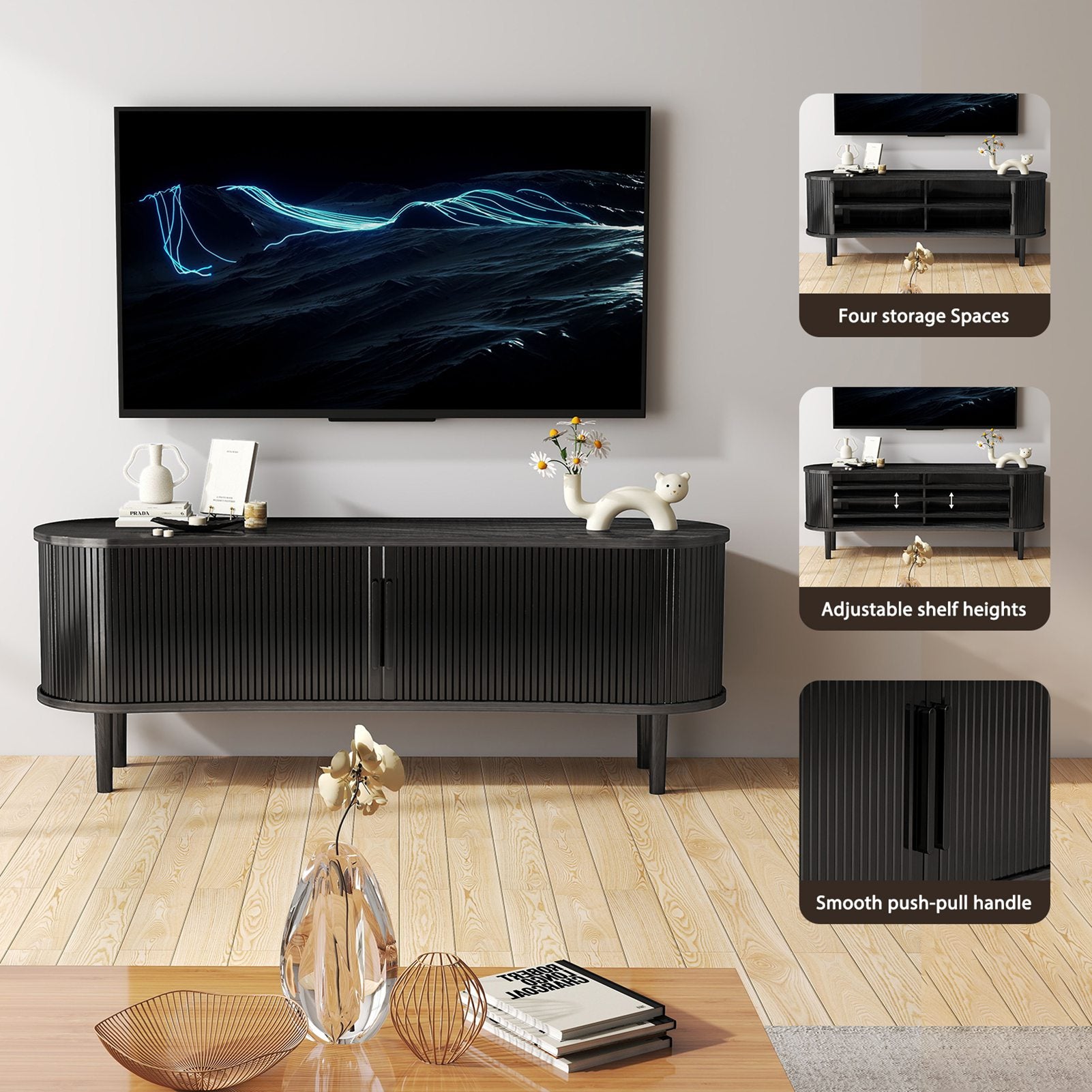 TV Stand MDF Mid Century Modern Media Console Table Entertainment Center with Storage Handle Door for Living Room Office Black