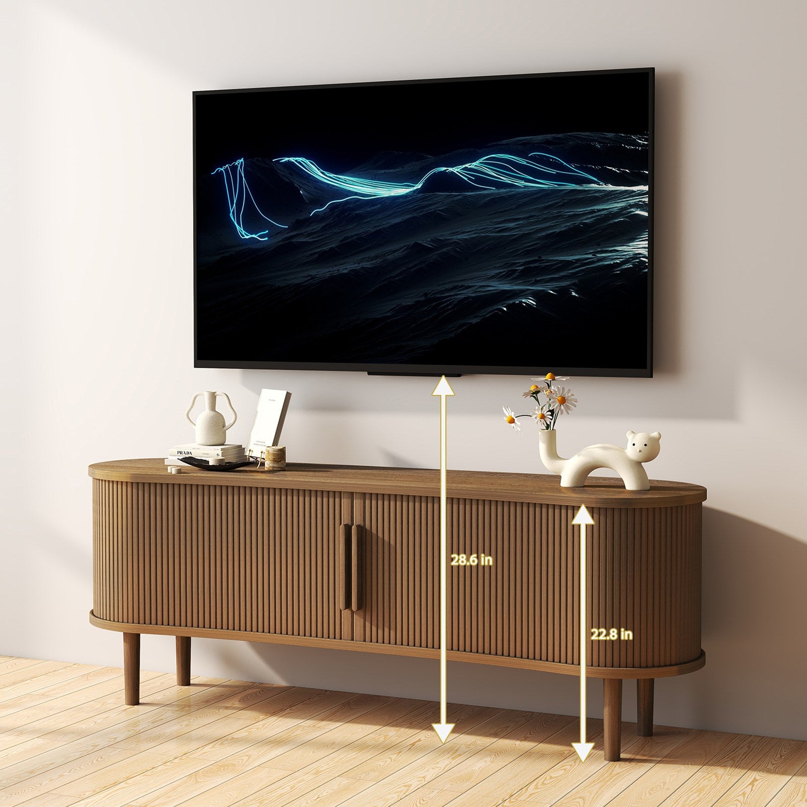 TV Stand MDF Mid Century Modern Media Console Table Entertainment Center with Storage Handle Door for Living Room Office Walnut