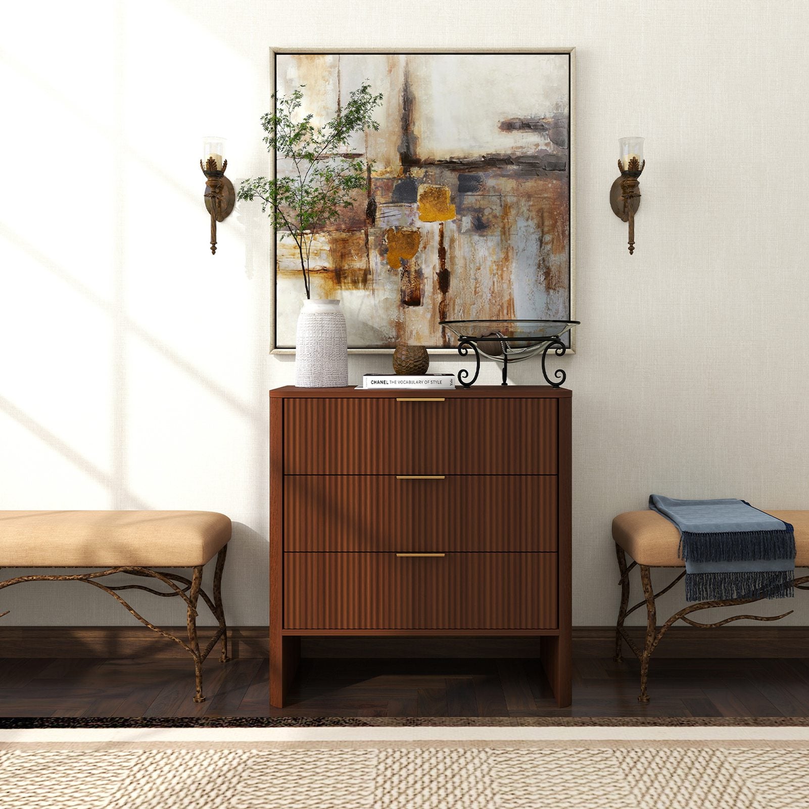 Wooden Cabinet with 3 Drawers Wavy Pattern Modern Bedside Cupboard Dressing Table for Bedroom 78CM Long Walnut Color