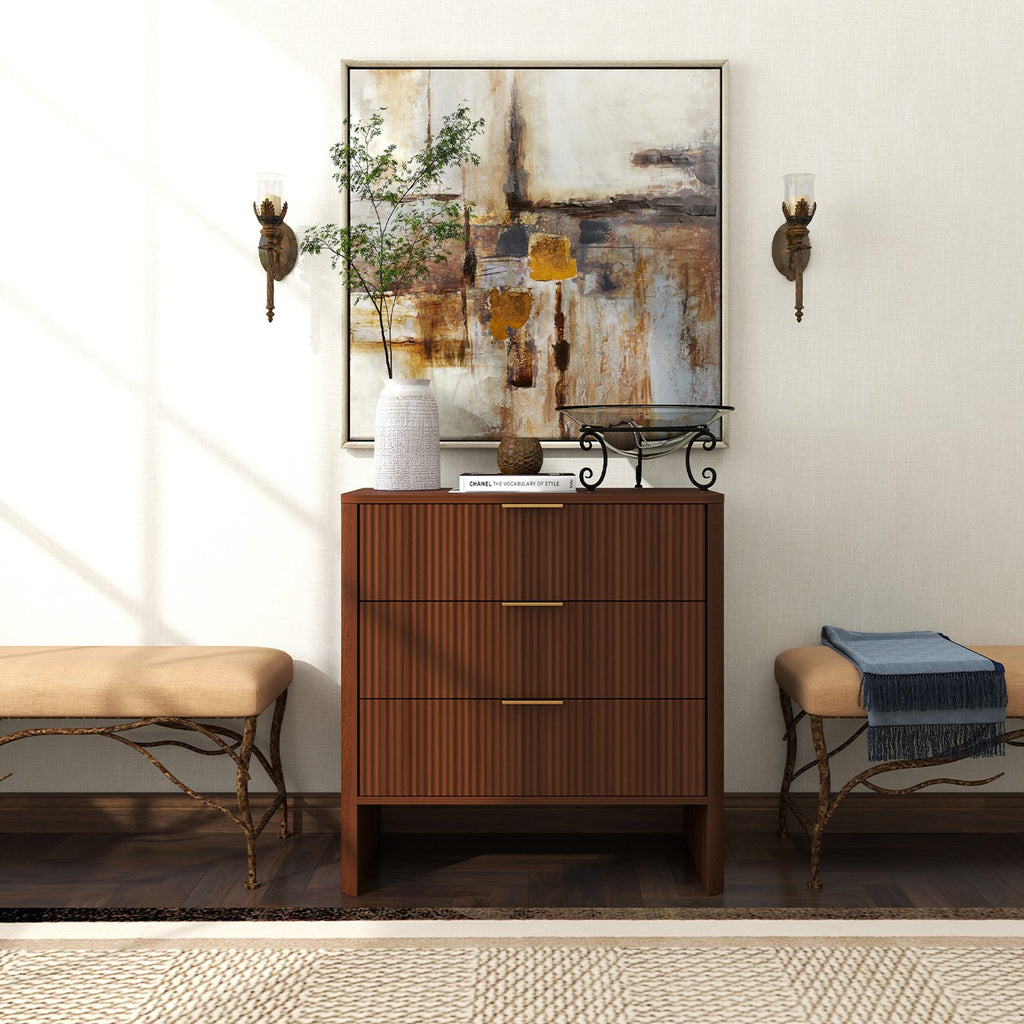 Wooden Cabinet with 3 Drawers Wavy Pattern Modern Bedside Cupboard Dressing Table for Bedroom 78CM Long Walnut Color